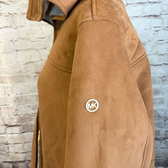 Michael Kors Faux Fur Shearling Suede Longline Hooded Jacket Full Zip Tan Gold - Picture 4 of 10